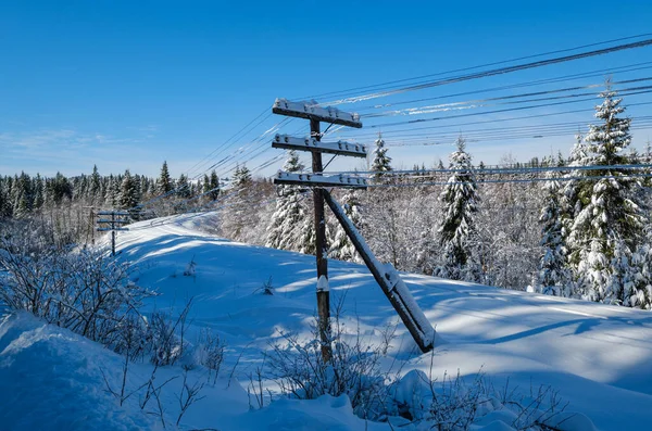 Järnväg Genom Snöig Gran Skog Och Avlägsen Alpin Hjälm Karpaterna — Stockfoto