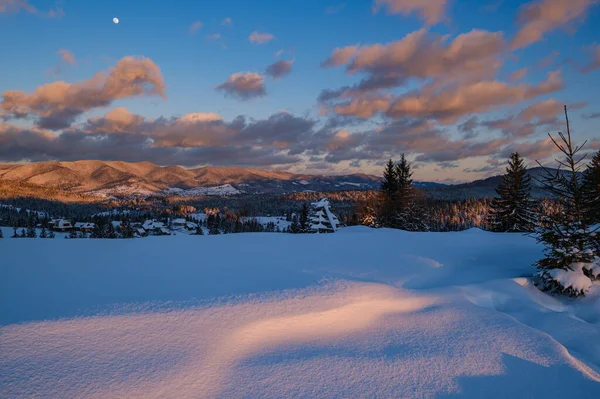 昨晚夕阳西下的高山村郊 冬天的雪山和冷杉树 在暮色的天空中 如画般的云彩和月亮 — 图库照片