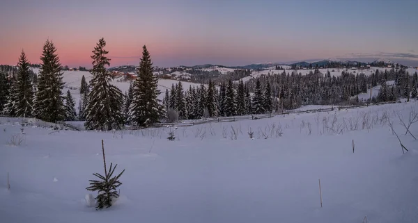 Pequeño Tranquilo Pueblo Alpino Invierno Amanecer Montañas Nevadas Alrededor Voronenko — Foto de Stock