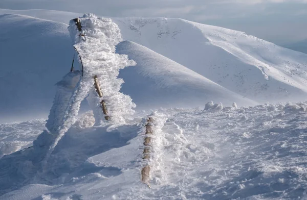 Snötäckta Vägvisare Och Vinterberg Sista Kvällens Solljus Magnifik Blåsig Skymning — Stockfoto