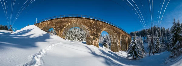 Viaducto Piedra Puente Arco Ferrocarril Través Del Bosque Abeto Nevado — Foto de Stock