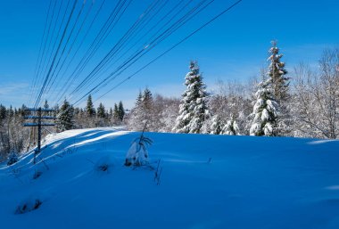 Karlı köknar ormanlarından geçen demiryolu ve Karpat dağlarındaki uzak dağlık alp kaskı, yol kenarındaki karlar
