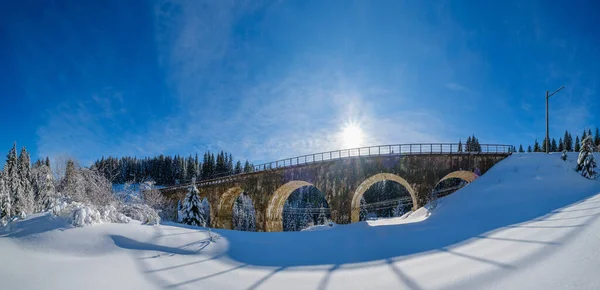 Viaducto Piedra Puente Arco Ferrocarril Través Del Bosque Abeto Nevado — Foto de Stock