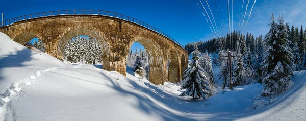 Viaducto Piedra Puente Arco Ferrocarril Través Del Bosque Abeto Nevado — Foto de Stock