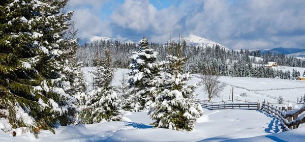 Vinter Avlägsna Alpina Bergsbyar Utkanter Landsbygd Kullar Lundar Och Jordbruksmark — Stockfoto