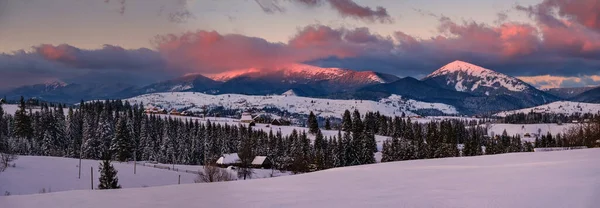알파인 마을의 파노라마에서는 들어옵니다 겨울의 눈덮인 언덕들과 전나무들 보이는 거대하고 — 스톡 사진