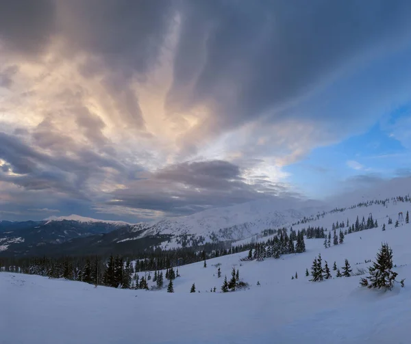 Malebné Zimní Větrné Oblačné Ranní Alpy Ukrajinské Karpaty Nejvyšší Hřeben — Stock fotografie