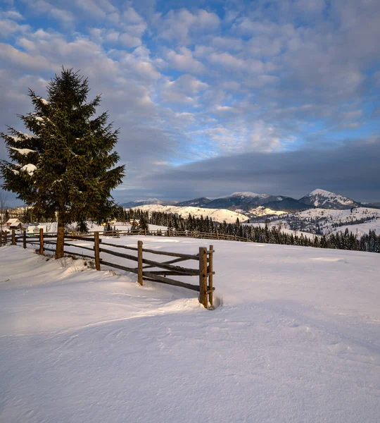Ochtend Platteland Heuvels Bossen Landbouwgronden Winter Afgelegen Alpine Bergdorp — Stockfoto