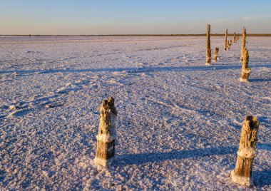 Genichesk Pembesi üzerinde gün batımı son derece tuzlu göl (kristal tuz kalıntılarıyla mikro algler tarafından renklendirilmiş), Ukrayna.