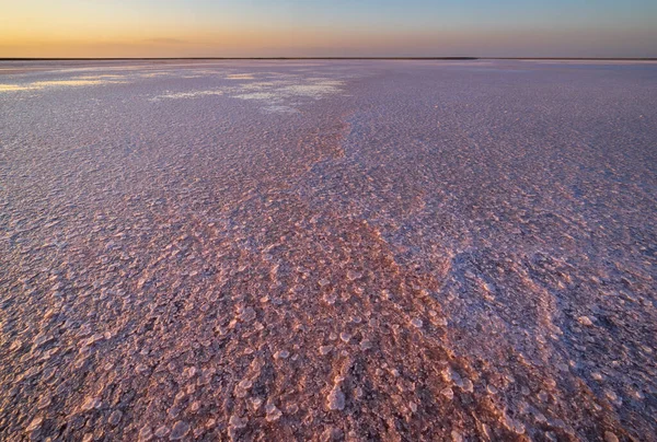 Zonsondergang Genichesk Roze Extreem Zoute Meer Gekleurd Door Microalgen Met — Stockfoto