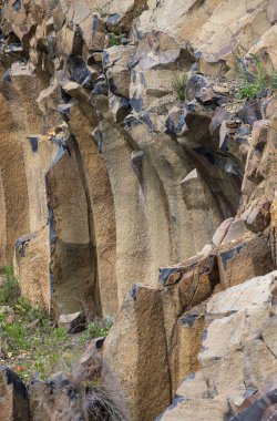 Ukrayna 'nın Rivne bölgesinin Kostopil ilçesi Basaltove Gölü yakınlarındaki Yaz Bazalt Sütunları Jeolojik Rezervi ve bazalt garantörleri