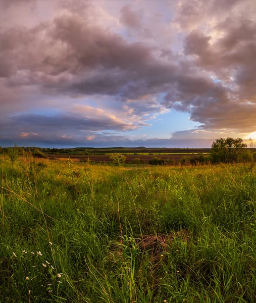 春雨后的草甸 黄昏前的云天 遥远的乡间小山和田野 自然季节 乡村美景概念景观 — 图库照片