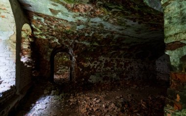 Terk edilmiş Askeri Tarakaniv Kalesi bodrumları (diğer adları Dubno Kalesi, Yeni Dubna Kalesi) - 19. yüzyılın bir savunma yapısı, mimari anıtı, Tarakaniv, Rivne bölgesi, Ukrayna.