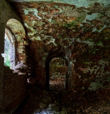 Terk edilmiş Askeri Tarakaniv Kalesi bodrumları (diğer adları Dubno Kalesi, Yeni Dubna Kalesi) - 19. yüzyılın bir savunma yapısı, mimari anıtı, Tarakaniv, Rivne bölgesi, Ukrayna.