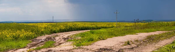 Cross Dirty Road Spring Rapeseed Yellow Blooming Fields Cloudy Sky — Stock Photo, Image