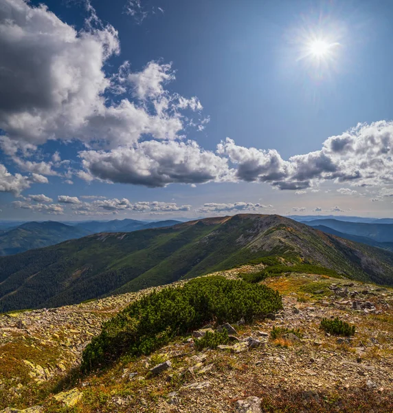 Sommarsol Ovanför Karpaterna Utsikt Från Steniga Vysoka Mountain Till Ihrovets — Stockfoto