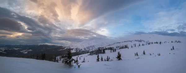 美丽的冬季风多云的早晨阿尔卑斯山 乌克兰喀尔巴阡山脉的最高峰是霍诺拉山脉和彼得罗斯山脉 Svydovets山脊和Dragobrat滑雪胜地的景色 — 图库照片