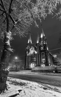 Gri tonlu. Güzel aydınlatılmış gece kışı Aziz Kilisesi. Lviv, Ukrayna 'da Olha ve Elizabeth. 1903-1911 yılları arasında inşa edilmiş..