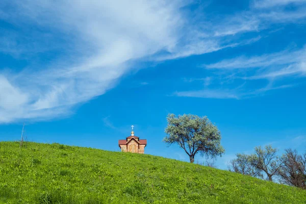 夏の緑の芝生の丘の上に小さな古い木製の礼拝堂 孤独な柳の木と雲と青空 — ストック写真
