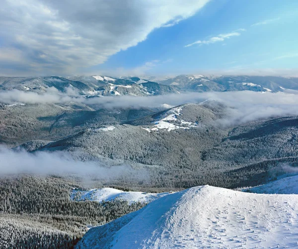 低いと冬の山の風景 雲ぶら下げ 山頂からの眺め カルパティア ウクライナ — ストック写真