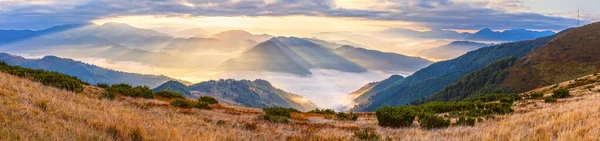Осенью Утром Панорамный Вид Горы Солнечными Лучами Через Туман Низкие — стоковое фото