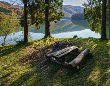 Resimli gölün kıyısındaki orman çayırı. Tereblya nehri üzerindeki Vilshany su deposu, Transcarpathia, Ukrayna. Karpat Dağları 'nda güzel bir sonbahar günü.