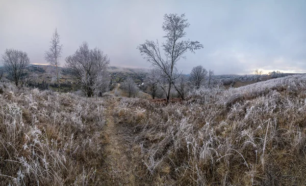 Winter Komt Eraan Schilderachtige Pre Zonsopgang Scène Boven Late Herfst — Stockfoto