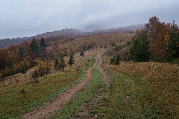 Dunstig Und Bedeckt Frühen Morgen Herbst Karpaten Und Schmutzige Landschaft — Stockfoto