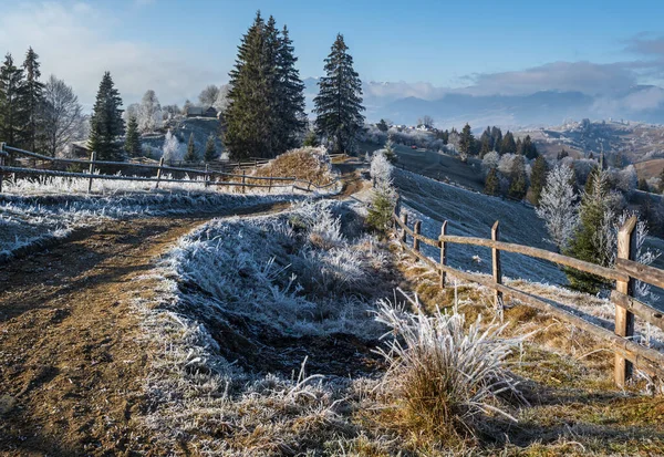 Inverno Está Chegar Últimos Dias Outono Manhã Paisagem Montanhosa Cena — Fotografia de Stock