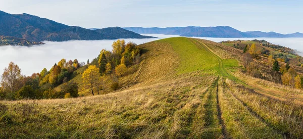 Mattina Nuvole Nebbiose Autunno Campagna Montana Ucraina Carpazi Transcarpazia Tranquillo — Foto Stock