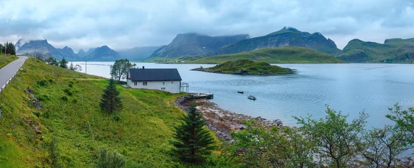 Summer cloudy sea coast panorama (Norway, Lofoten). — Stock Photo, Image