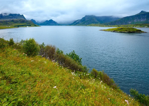 Sommaren molnigt havskust (Norge, Lofoten). — Stockfoto