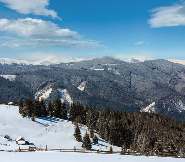 Picturesque snowy winter Skupova mountain slope and lone farmhouse on plateau farmstead, Carpathian, Ukraine, Verkhovyna district. Chornohora ridge and Pip Ivan mountain top in clouds behind.