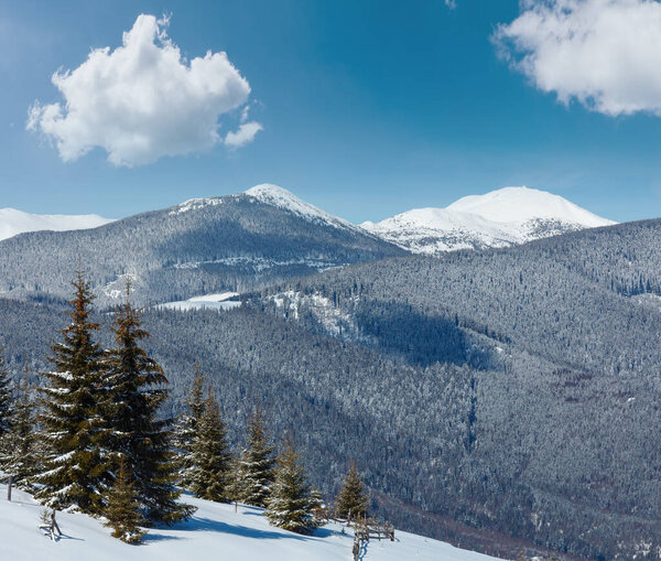 Picturesque winter mountain view from Skupova mountain slope, Ukraine, view to Chornohora ridge and Pip Ivan mountain top with observatory building, Carpathian.