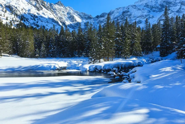 Pequeno córrego de montanha com snowdrifts . — Fotografia de Stock