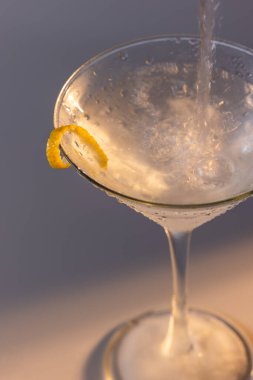 Limon dilimli, dramatik ışıklandırmalı güzel Vesper martinisi.