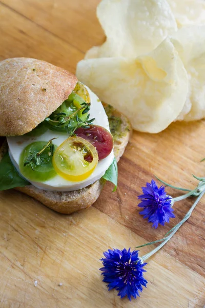 Färsk mozzarella tomat smörgås med basilika — Stockfoto