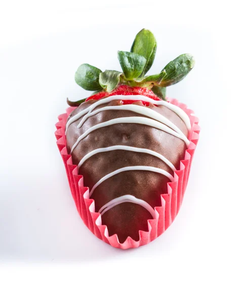 Chocolate covered strawberry on a white plate — Stock Photo, Image