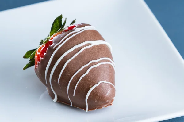 Fraise recouverte de chocolat sur une assiette blanche — Photo