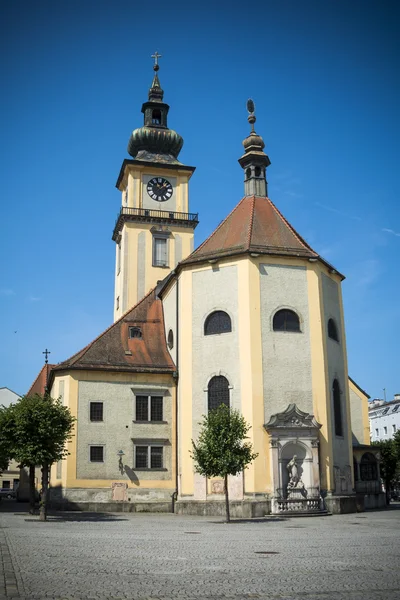 Austrian church in square in Linz — Stock Photo, Image