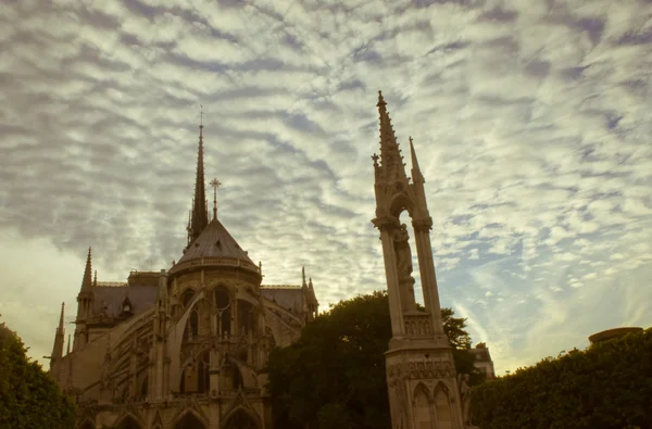 巴黎的巴黎圣母院和傍晚灯光下拱门的结构 . — 图库照片