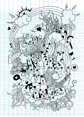 Elle çizilmiş doodle komik köpek ve kedi ayarla