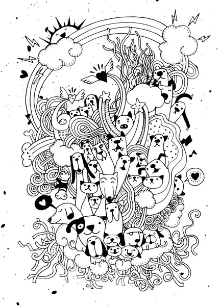 Käsin piirretty doodle Funny Dogs ja Cat Set — vektorikuva