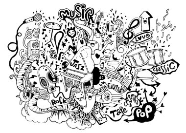 Müzik arka plan. El Doodle, vektör çizim çizimi.