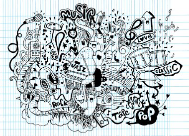 Müzik arka plan. El Doodle, vektör çizim çizimi.