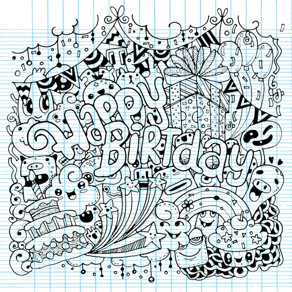 Feliz cumpleaños dibujado a mano conjunto de bocetos con garabato — Vector de stock