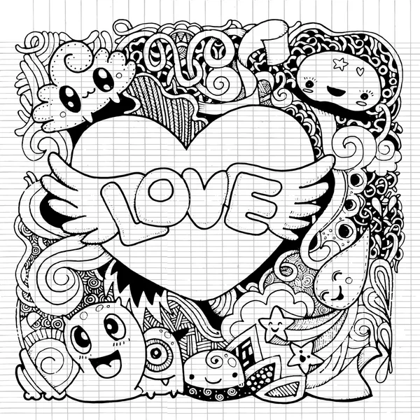 Love Doodle : Coeur dessiné à la main et mots amour doodle . — Image vectorielle