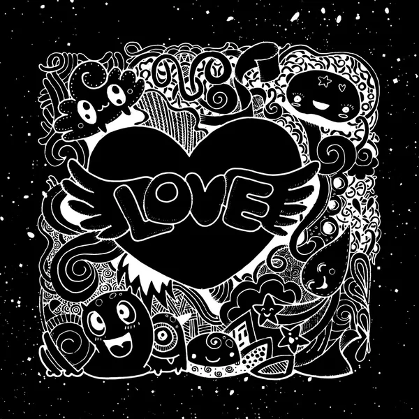 Love Doodle: Corazón dibujado a mano y palabras love doodle . — Vector de stock