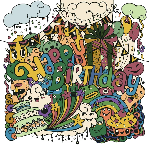 Buon compleanno disegnato a mano schizzo insieme con doodle — Vettoriale Stock