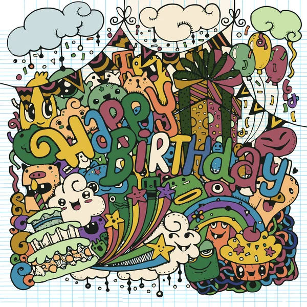 Joyeux anniversaire dessiné à la main jeu de croquis avec doodle — Image vectorielle